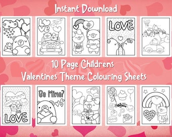 Printable Valentines Colouring Sheets, Valentines Day Colouring Pages, Childrens Colouring Sheets, 10 Pages, Kids Colouring Book