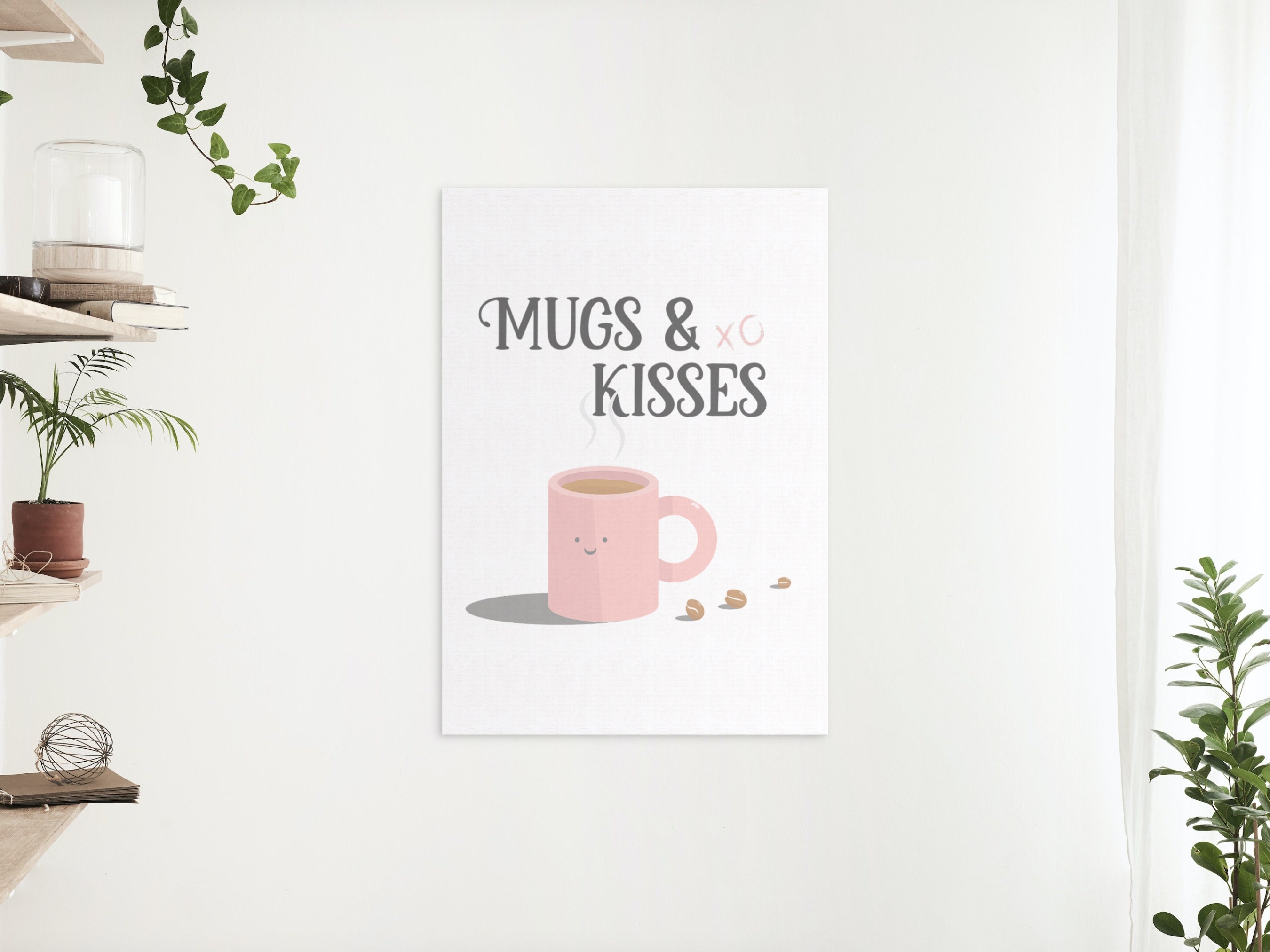 Mugs & Kisses Coffee Print, Mugs and Kisses Print, Coffee Lover, Office