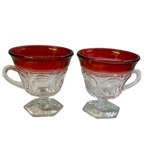Set of Two Vintage Indiana Glass Kings Crown Punch Cups, Ruby Red Flashed Thumbprint Pattern