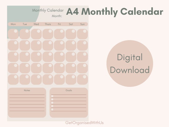A4 Monthly Calendar Printable Calendar Digital Download - Etsy