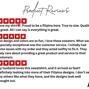 K&ouml;nnte beinhalten: F&uuml;nf Sterne Bewertungen f&uuml;r einen Bekleidungsladen mit dem Text "Ich liebe mein Shirt. Stolz, hier eine Filipina zu sein. Passt perfekt. Die Qualit&auml;t ist gro&szlig;artig. Alles, was ich sagen kann, ist, dass alles gro&szlig;artig ist."  "Das Design und die Farben sind so sch&ouml;n, ich liebe diese Pullover. Besonders hervorzuheben ist der Kundenservice. Ich hatte zun&auml;chst einige Probleme mit meiner Bestellung, aber sie haben schnell reagiert und sie behoben. Sie legen wirklich Wert darauf, ihren Kunden ein gro&szlig;artiges Produkt und einen gro&szlig;artigen Service zu bieten."  "Mein Mann liebt diesen Pullover, und er kam so schnell an&nbsp;! Ich werde mir auf jeden Fall noch mehr ihrer filipinischen Designs ansehen. Ich habe noch keine anderen gesehen, die so sch&ouml;n sind, und die Designs sind wirklich gut durchdacht."