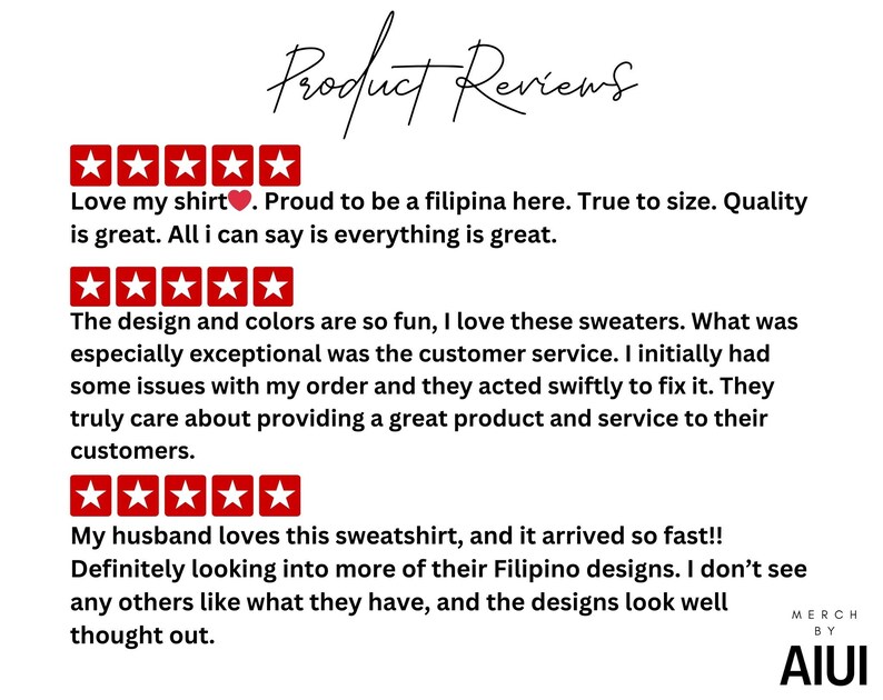 K&ouml;nnte beinhalten: F&uuml;nf Sterne Bewertungen f&uuml;r einen Bekleidungsladen mit dem Text "Ich liebe mein Shirt. Stolz, hier eine Filipina zu sein. Passt perfekt. Die Qualit&auml;t ist gro&szlig;artig. Alles, was ich sagen kann, ist, dass alles gro&szlig;artig ist."  "Das Design und die Farben sind so sch&ouml;n, ich liebe diese Pullover. Besonders hervorzuheben ist der Kundenservice. Ich hatte zun&auml;chst einige Probleme mit meiner Bestellung, aber sie haben schnell reagiert und sie behoben. Sie legen wirklich Wert darauf, ihren Kunden ein gro&szlig;artiges Produkt und einen gro&szlig;artigen Service zu bieten."  "Mein Mann liebt diesen Pullover, und er kam so schnell an&nbsp;! Ich werde mir auf jeden Fall noch mehr ihrer filipinischen Designs ansehen. Ich habe noch keine anderen gesehen, die so sch&ouml;n sind, und die Designs sind wirklich gut durchdacht."