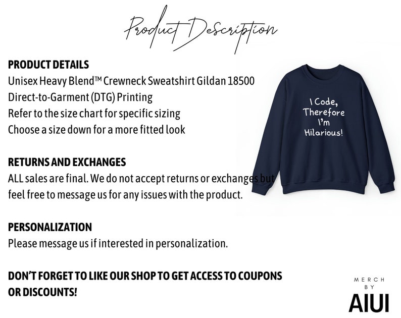 K&ouml;nnte beinhalten: Navyblauer Crewneck-Pullover mit dem in Wei&szlig; gedruckten Text "I Code, Therefore I'm Hilarious!"