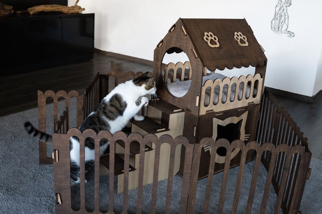 Wooden Cat House 2 Floor Cat Bed for Two Cats Cat Castle Etsy