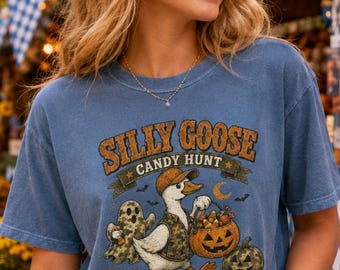 Camo Halloween Shirt, Silly Goose Halloween, Candy Hunt Goose Tee, Comfort Colors T-Shirt