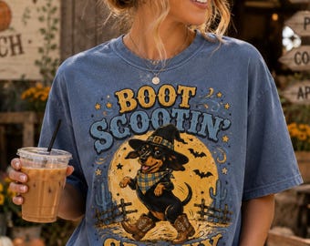 Dachshund Halloween Shirt, Boot Scootin’ Spooky Western Dog Mom Tee, Wiener Dog Halloween Comfort Colors T-Shirt