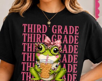Personalized Third Grade Teacher Shirt, 3rd Grade Team Stacked Text Frog, Preppy Custom Name Teacher BTS Tee