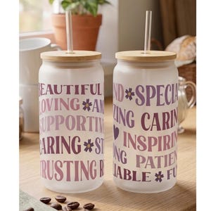 Frosted Glass Tumbler, Daily Affirmations Iced Coffee Glass with Bamboo Lid & Straw