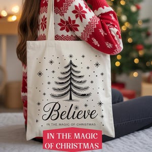 Believer Christmas Tote Gift Bag, Xmas Market Tote, Reusable Holiday Shopping Bags
