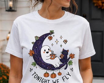 Cute Ghost Halloween Shirt, Black Cat Moon Shirt, Tonight We Fly, Spooky Season Tee, Whimsical Fall T-Shirt, Ghost Moon Shirt