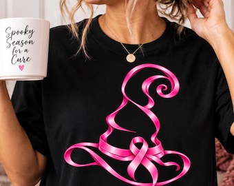 Breast Cancer Awareness Witch Hat Shirt, Pink Ribbon Halloween Shirt, Pink October Tee, Breast Cancer Survivor Gift
