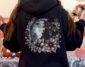 Witch Cat Halloween Hoodie, Gothic Black Cat Moon Pullover, Dark Floral Witchy Hoodie, Plus Size Halloween Top