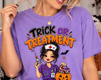 Trick or Treatment Nurse Shirt, Halloween Nurse Shirt, Spooky Season RN Shirt, Comfort Colors 1717 Halloween Healthcare Shirt