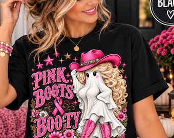 Breast Cancer Halloween Cowgirl Shirt, Pink Boots Western Breast Cancer Supporter Tee, Comfort Colors Pink Ribbon Shirt