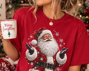 Happy Santa Shirt, Vintage Santa Christmas Shirt, Snowflake Santa Shirt, Winter Santa Shirt, Comfort Colors 1717 T-Shirt