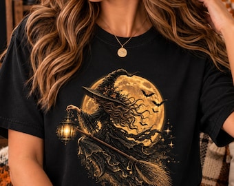 Vintage Witch Shirt, Golden Witch Halloween Shirt, Witchy Vibe Graphic Tee, Witch Lover Gift, Witch Lover Comfort Colors Tee