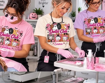 Spooky Dental Club Shirt, Dentist Halloween Tee, Glitter Look Dumpling Shirt, Personalized Dental Office Team Comfort Colors Tee