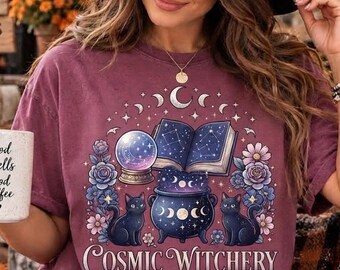 Cosmic Witch Shirt, Halloween Witch Shirt, Celestial Witch Shirt, Whimsigoth Shirt, Black Cat Witch Comfort Colors T-Shirt, Witch Lover Gift