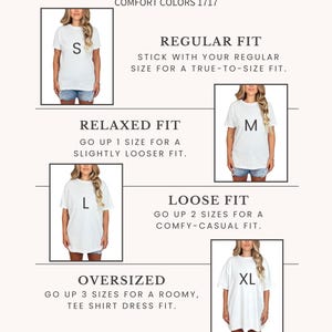 May include: A fit guide for Comfort Colors 1717 t-shirts. The guide shows how the fit changes with different sizes: Regular, Relaxed, Loose, and Oversized. Model stats: Height 165cm, Weight 59kg, Bust 91cm, Waist 69cm.
