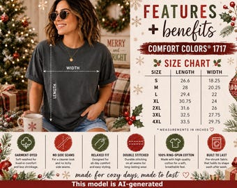 4 Christmas Comfort Colors 1717 Size Chart, CC1717 White Color Size Chart Features, Fit & Care, Etsy Listing Photo Cards Digital Download