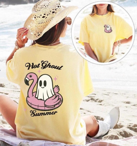 Hot Ghoul Summer Shirt, Comfort Colors Ghost Flamingo Front Back Print Tee, Summerween Shirt, Halloween Summer Tee, Aesthetic Ghost Shirt