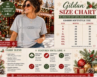 5 Gildan 64000 Size Charts, Features Fabric Blend, Fit Guide, Care Info, Winter Christmas Etsy Listing Cards Digital Download