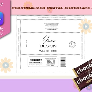 Puede incluir: Una plantilla imprimible para un envoltorio de barra de chocolate personalizado. El envoltorio es blanco con texto negro y un código de barras en blanco y negro. El texto incluye "Your Design Will Be Here", "Birthday Nutrition Facts" y "Love 1000".