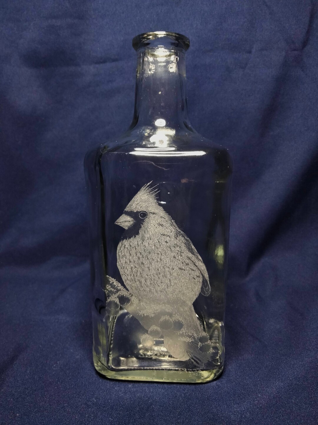 Cardinal Bird Hand Engraved on Square Glass Bottle | Hand Etched Glass ...