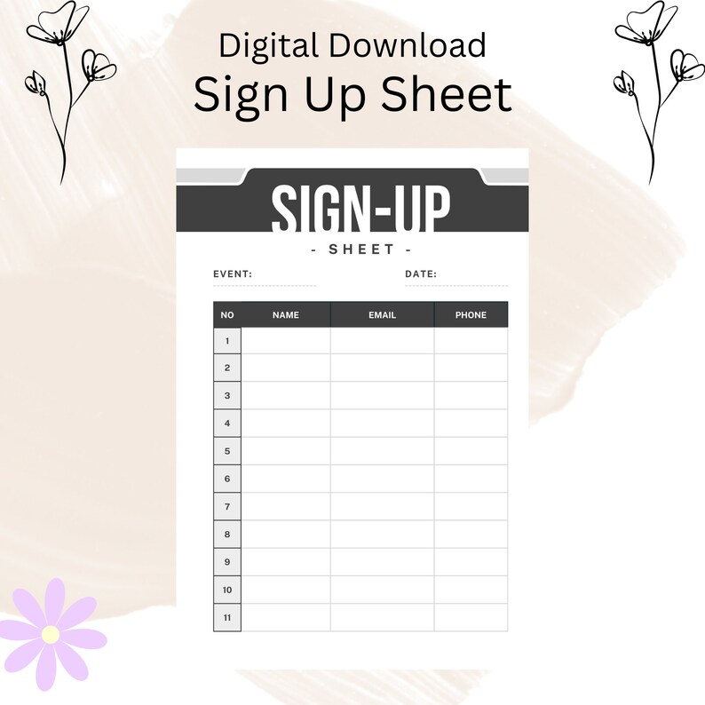 Minimalist Sign up Sheet, Email Sign up Forms, PRINTABLE Sign Up, Event