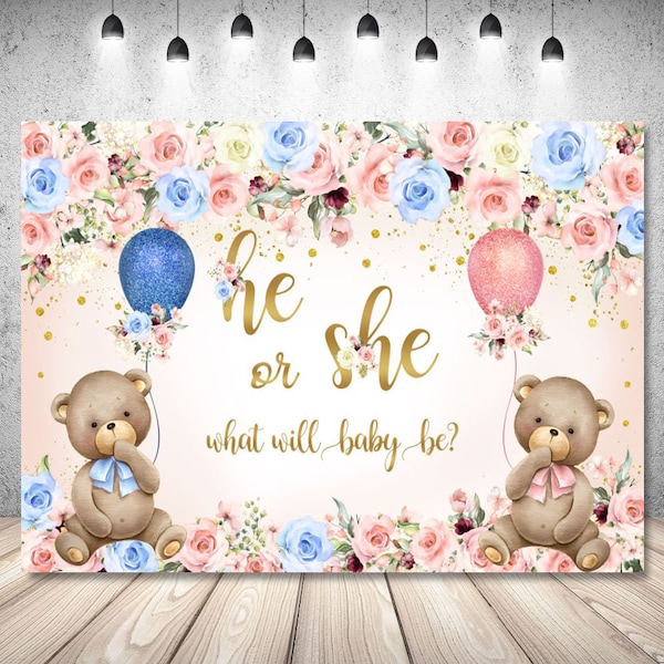 He or She Bear Gender Reveal Backdrop For Photography Newborn Baby Shower Flower Decor Banner Blue or Pink Vinyl Polyester Photo Studio Prop