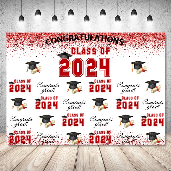 Step and Repeat Class of 2024 Graduation Backdrop For Photography Red Glitters Prom Grad Decor Banner Mortarboard Vinyl Photo Studio Props