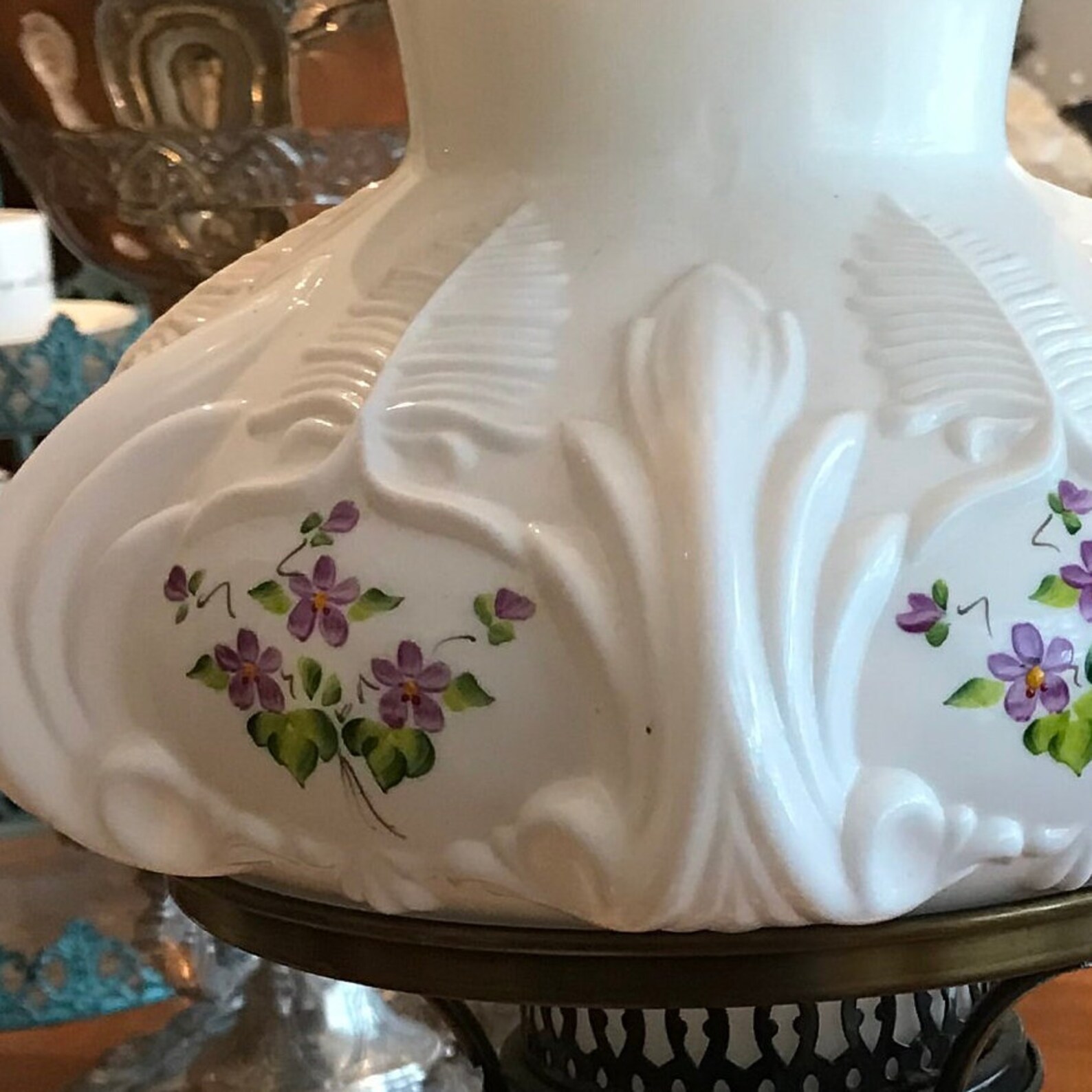 Vintage Fenton White Fenton Art Glass Lamp With Violet Flowers Etsy