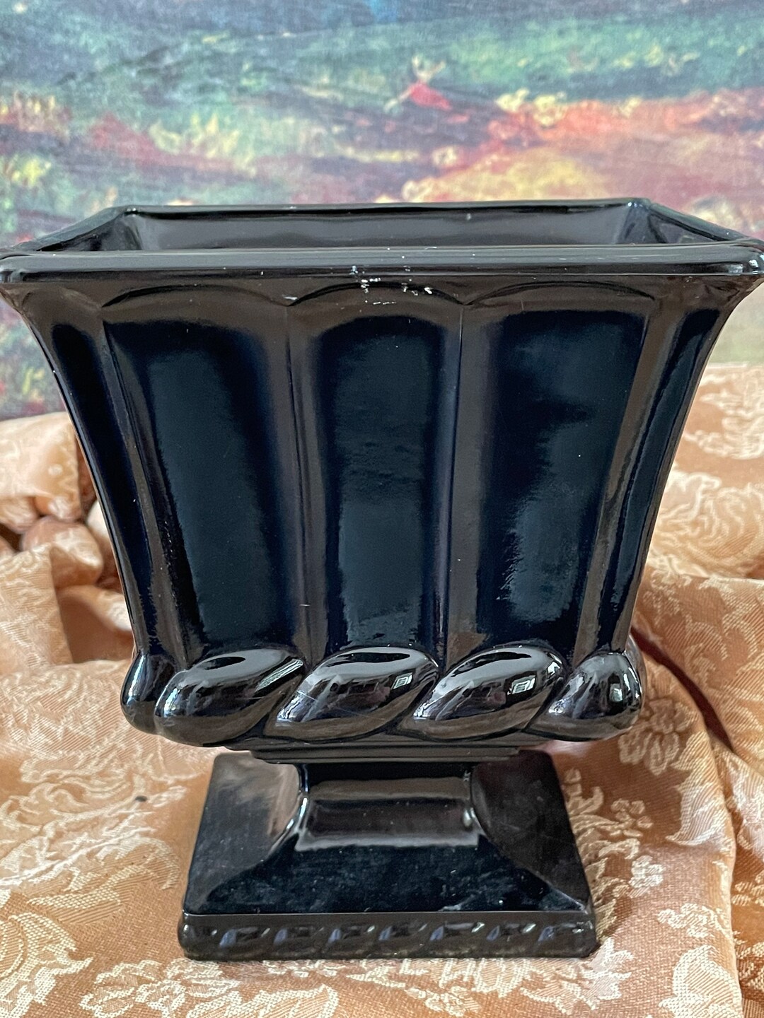 Vintage Black Milk Glass Square Vase Etsy