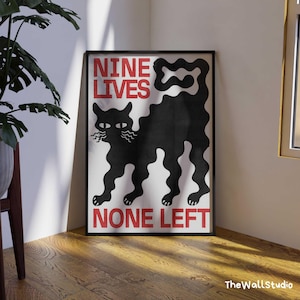 Poster grafico con gatto nero – Stampa su tela "Nine Lives None Left" – Arte murale moderna – Soggiorno, camera da letto, ufficio - TheWallStudio