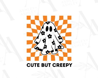 May include: A black and white illustration of a ghost with a floral pattern on its sheet. The ghost is on a checkered background with orange and white squares. The text "CUTE BUT CREEPY" is below the ghost.