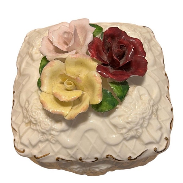 Hermitage Pottery Porcelain Collection Rose Top Trinket Jewelry Box