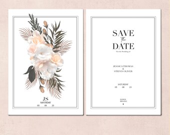 WHITE VINTAGE FLORAL | Save the Date, Printable Personalised, Double Sided, Digital Only Download Vertical