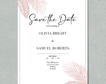 PINK FERN | Wedding Save The Date | Personalised Printable Template, Digital Download Vertical