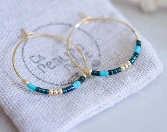 Blue creole earrings and Miyuki pearls gilded with 24K fine gold