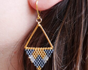 Woven triangle dangling earrings and gray, black and gold miyuki beads