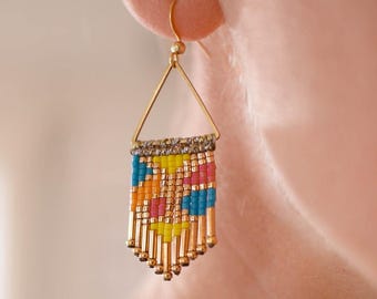 Macrame earrings, Miyuki fringe earrings, 24K gold plated earrings