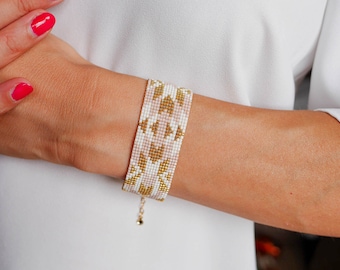 Woven bracelet and pastel pink white and gold Miyuki beads, 24k fine gold bracelet, Aztec geometric style