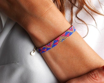 Woven bracelet and miyuki pink fuchsia blue gold beads, bracelet gilded with 24k fine gold, Aztec geometric style