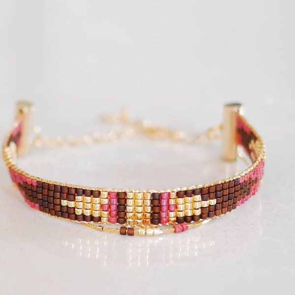 Bracelet maya perles or fin 24k, bracelet tissé perles miyuki, bracelet avec serpentine
