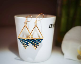 Woven dangling earrings and sparkling blue Miyuki beads