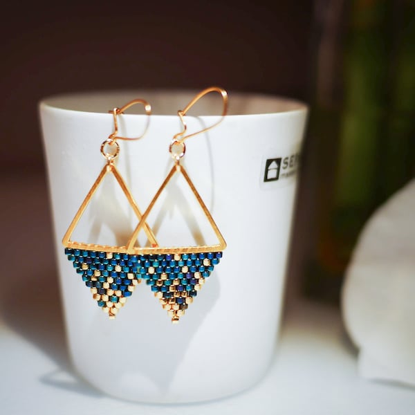 Woven dangling earrings and sparkling blue Miyuki beads