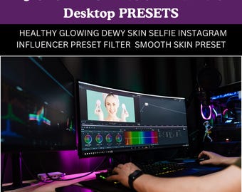 May include: A computer screen displaying a photo editing program with a woman's face in the preview window. The text on the screen reads "15 GLOW LIGHTROOM Mobile & Desktop PRESETS HEALTHY GLOWING DEWY SKIN SELFIE INSTAGRAM INFLUENCER PRESET FILTER SMOOTH SKIN PRESET".