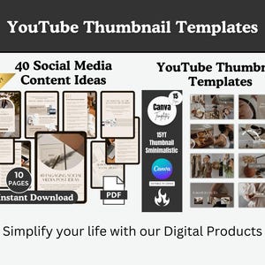 YouTube Thumbnail Bundle, Minimalistic Canva Thumbnails, Editable Canva Templates, Aesthetic 15 Youtube Thumbnail, Instant Download