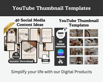 Paquete de miniaturas de YouTube, miniaturas minimalistas de Canva, plantillas editables de Canva, 15 miniaturas estéticas de YouTube, descarga instantánea