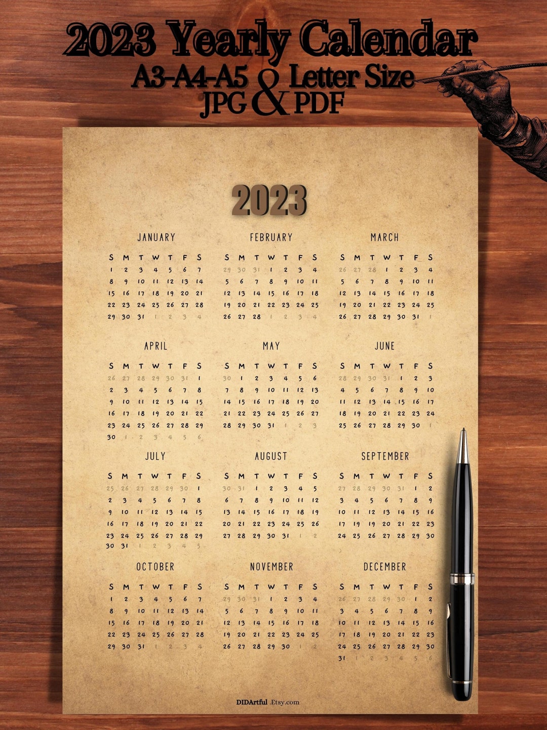 2023 Calendar Printable Vintage Paper Yearly Wall Calendar Etsy